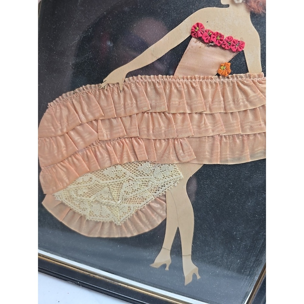 Art Deco Vintage Dimensional Ribbon Art Doll Picture in Layered Gown & Lace Hair - Picture 4 of 10